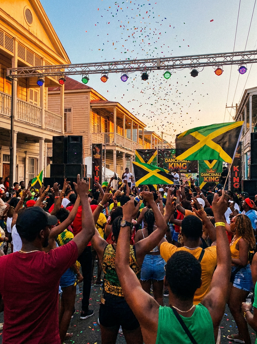 Golden-hour Caribbean street party with flags waving